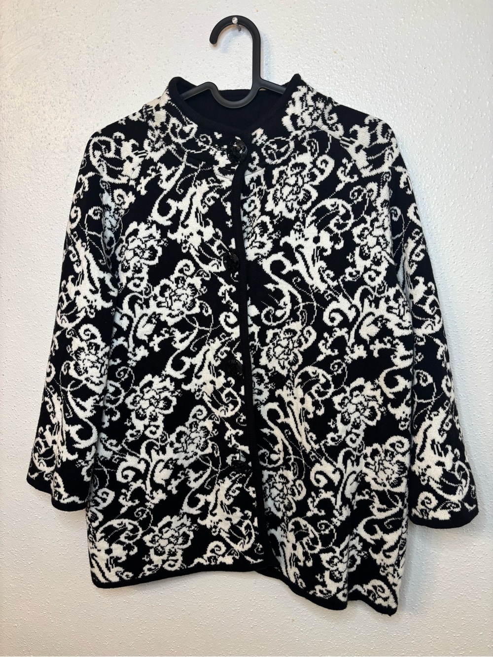 JM Collection Black & White Floral Knit Coatigan